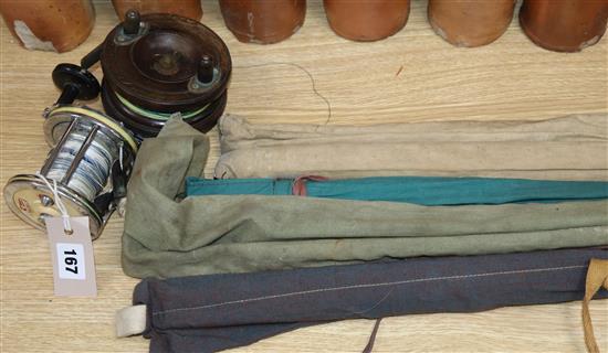 Two sea reels, a Constable of Bromley fly rod, a B James & Sons fly rod and two other rods (some faults)